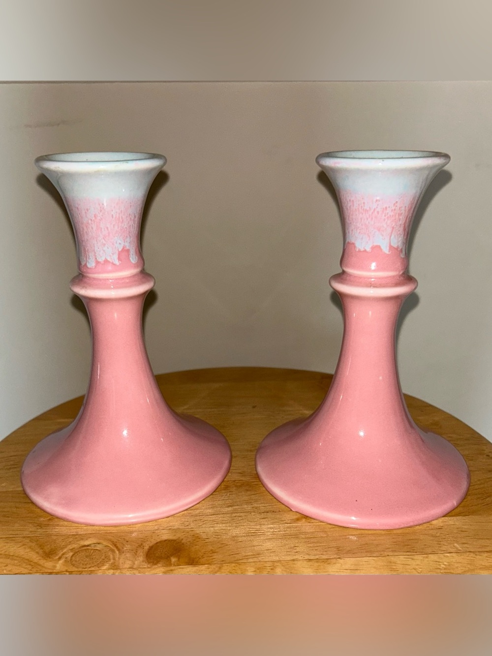 Vintage Hull Pottery Pink White Drip Glaze Candlesticks Holders 6.5”